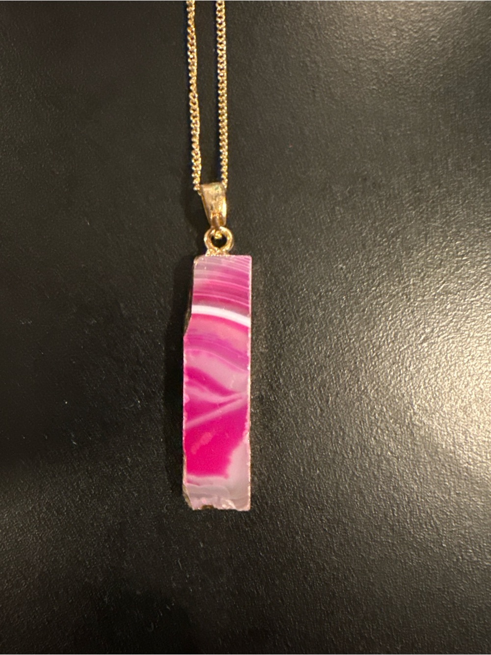 Gold-Plated Pink Agate Bar Pendant Necklace with Gold Chain.